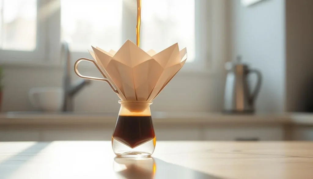 an intricately folded origami dripper, its delicate paper structure elegantly supporting a cascading flow of freshly brewed coffee. the process unfolds in a softly lit, minimalist kitchen setting, the warm aroma of the brew filling the air. sunlight filters through a nearby window, casting a gentle glow on the scene. the dripper's intricate folds are captured in high detail, showcasing the precision and artistry of the origami technique. the coffee streams steadily into a waiting vessel, the dark liquid contrasting beautifully against the pale, crisp paper. this image perfectly encapsulates the manual, meditative process of brewing coffee with an origami dripper, a captivating intersection of craft and function.