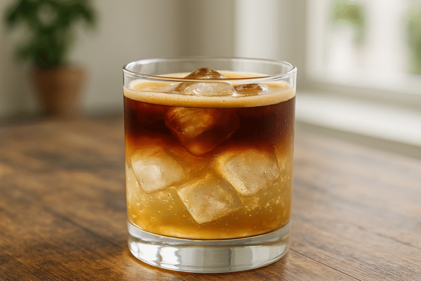 espresso tonic in a collins glass with lemon twist